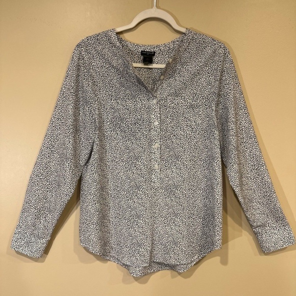 Ann Taylor Womens Henley Blouse White Black Micro Dot Small Long Sleeve Top